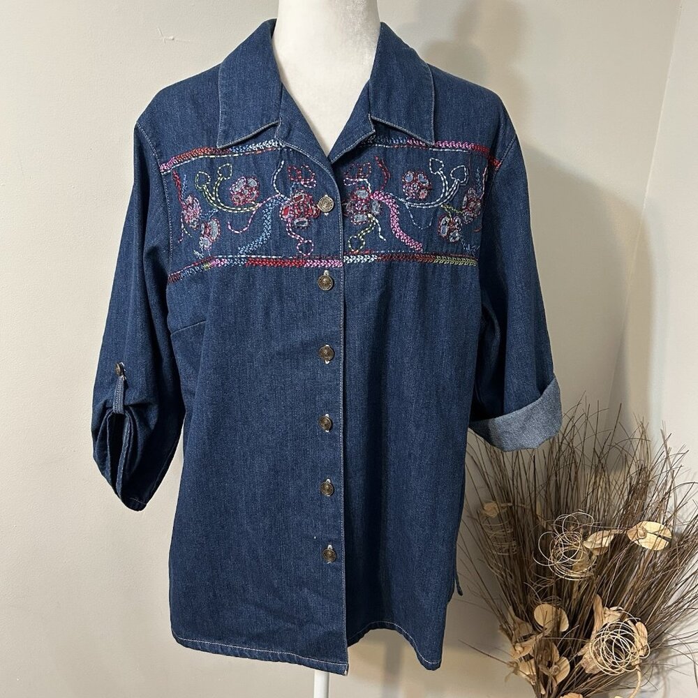 Napa Valley Women Button Up Denim Shirt Jacket Blue Floral Embroidered Sz 1X